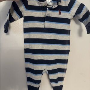 Ralph Lauren Navy, Light Blue & Gray Striped Polo Footie